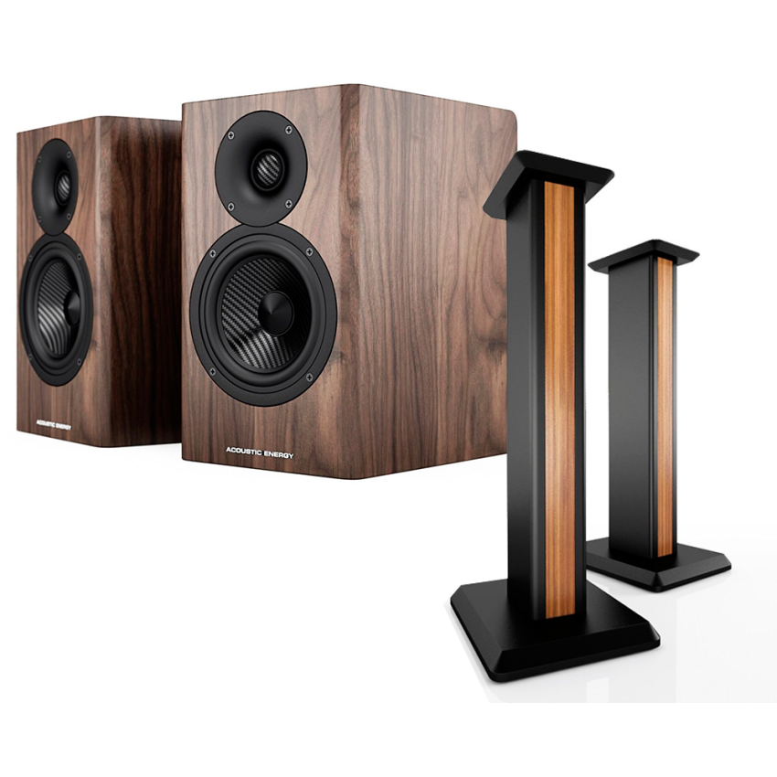 Acoustic Energy AE500s & Stands package Walnut wood veneer