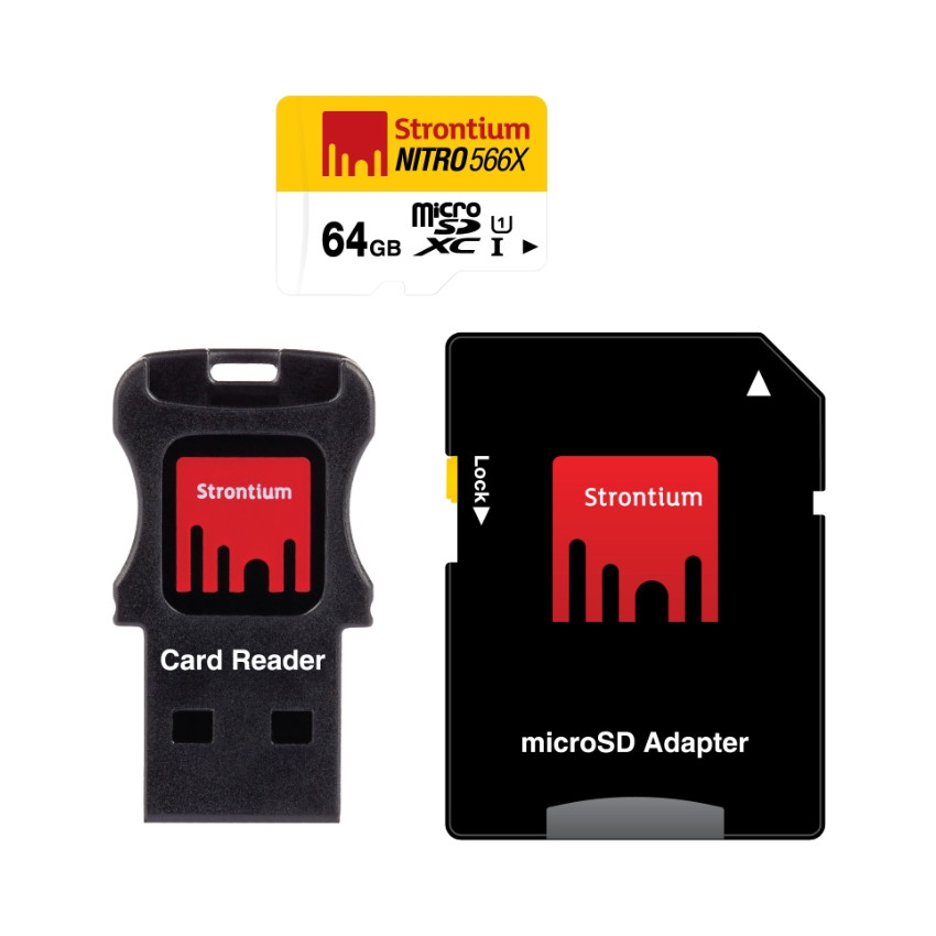 Strontium - MicroSDXC 64GB Class 10 UHS-I Nitro 566x + SD adapter + USB Card Reader