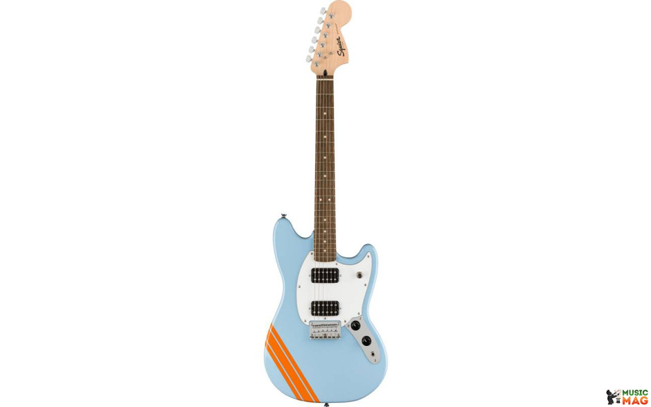 SQUIER by FENDER BULLET MUSTANG FSR HH DAPHNE BLUE w/COMPETITION STRIPES