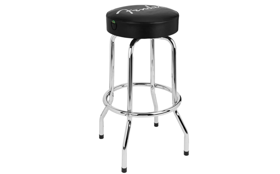 FENDER 30" SPAGHETTI LOGO PICK POUCH BARSTOOL, BLACK AND CHROME